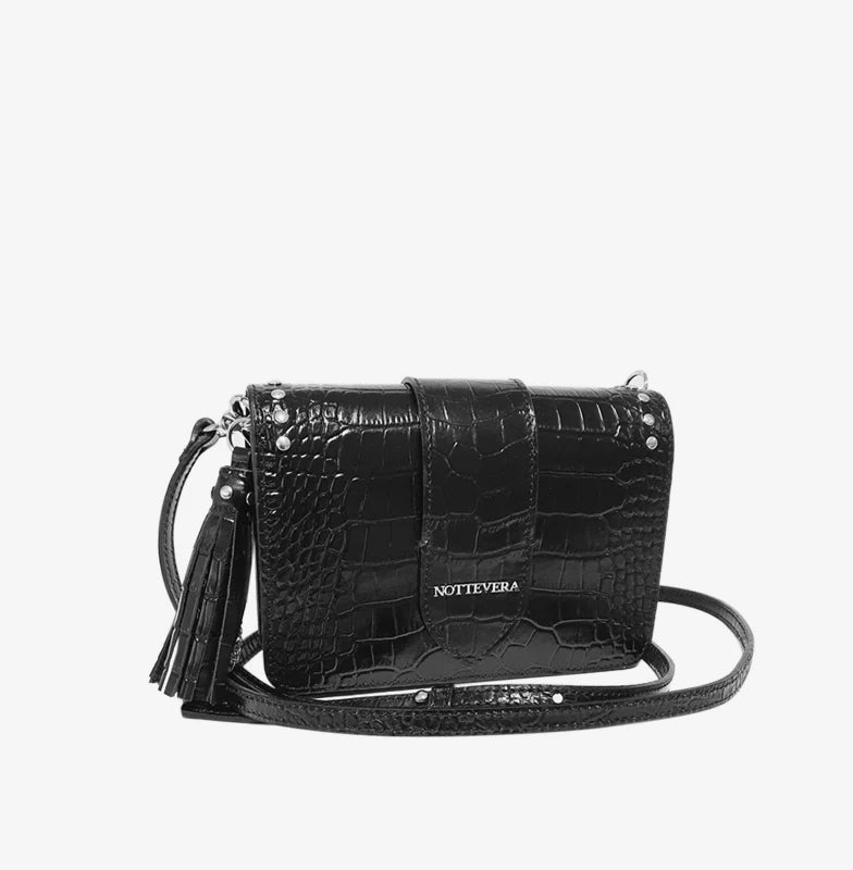 Kira Black Mini Croc Embossed Crossbody Leather Bag | NOTTEVERA