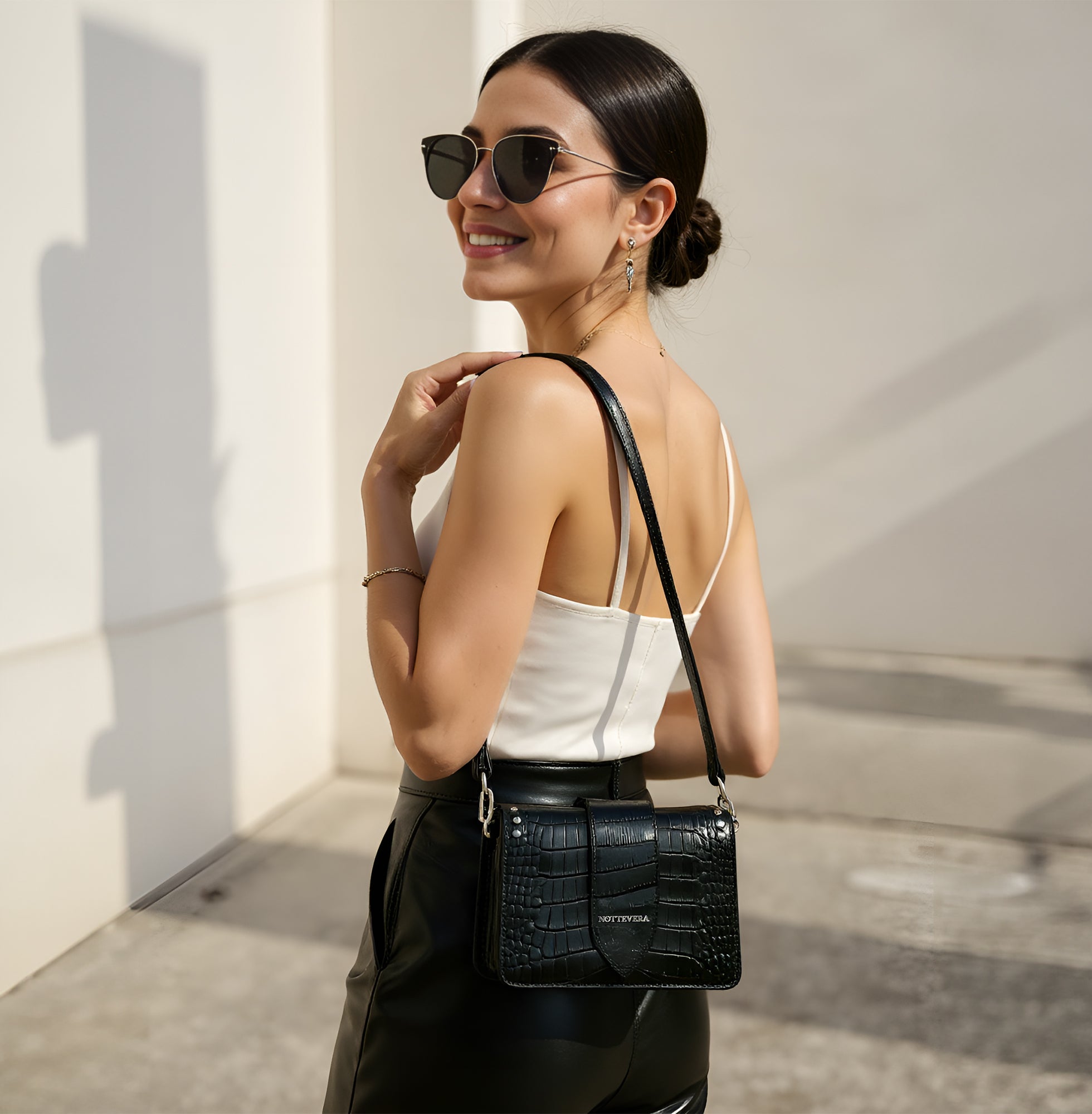 KIRA BLACK MINI CROC EMBOSSED CROSSBODY LEATHER BAG