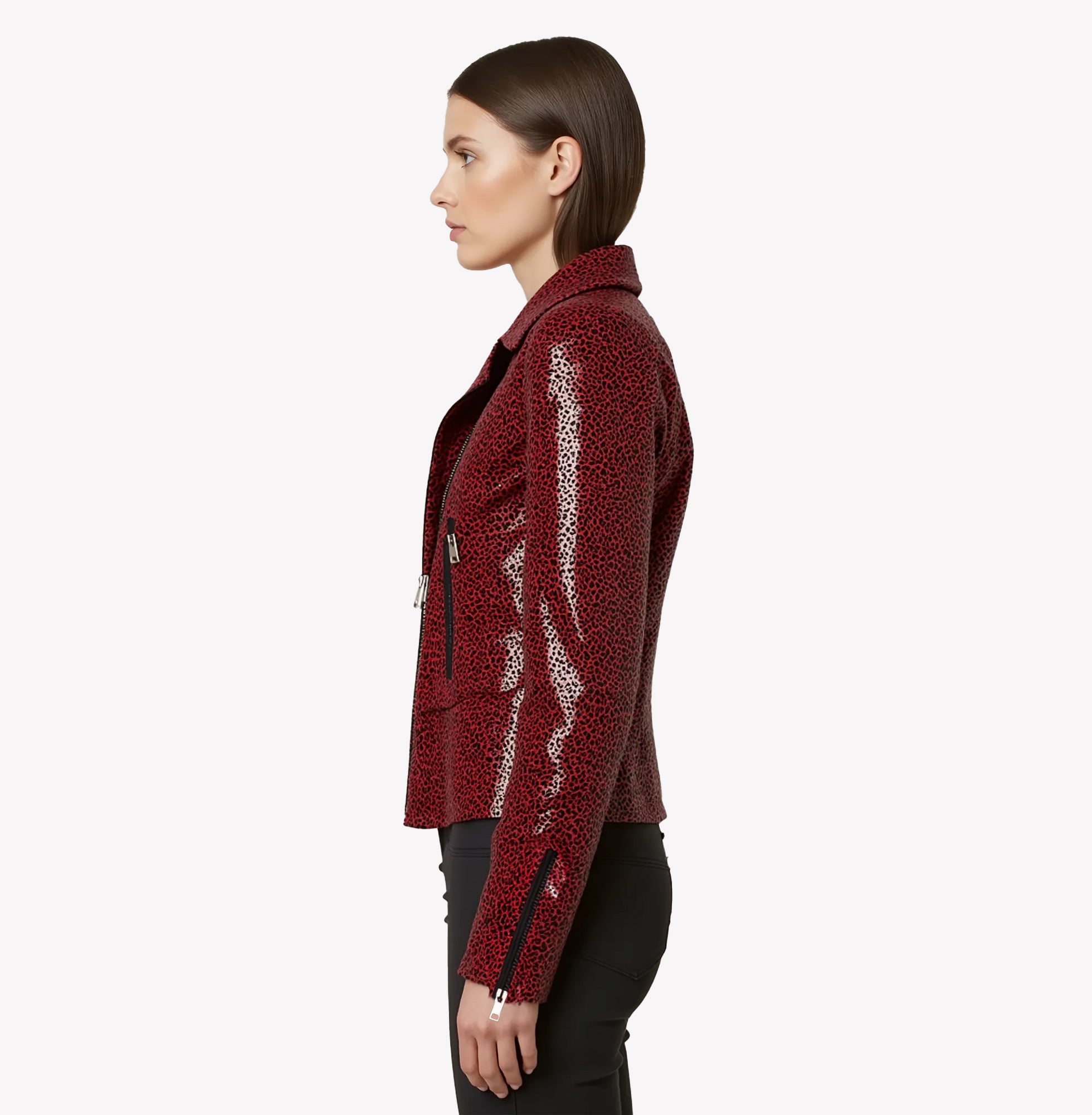 MARISSA LEOPARD PRINT WATERPROOF RED SUEDE LEATHER JACKET NOTTEVERA