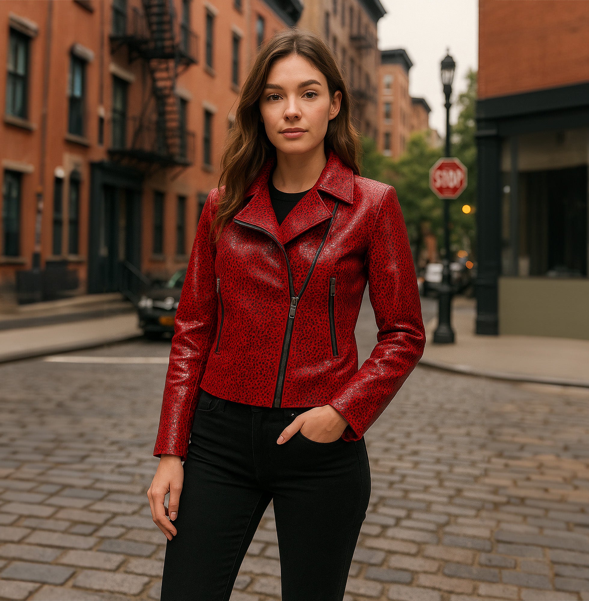 MARISSA LEOPARD PRINT WATERPROOF RED SUEDE LEATHER JACKET NOTTEVERA