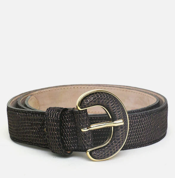 NINA GOLD-BUCKLED GRAY LEATHER BELT