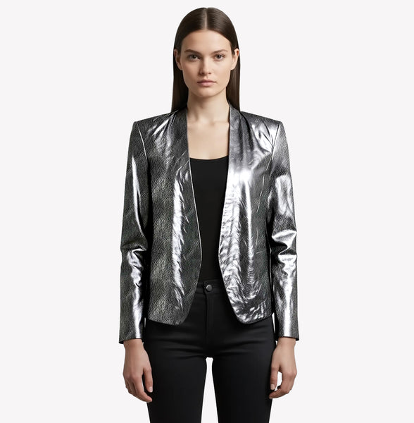 EVALINA LAMINATED SHEEPSKIN COLLARLESS JACKET