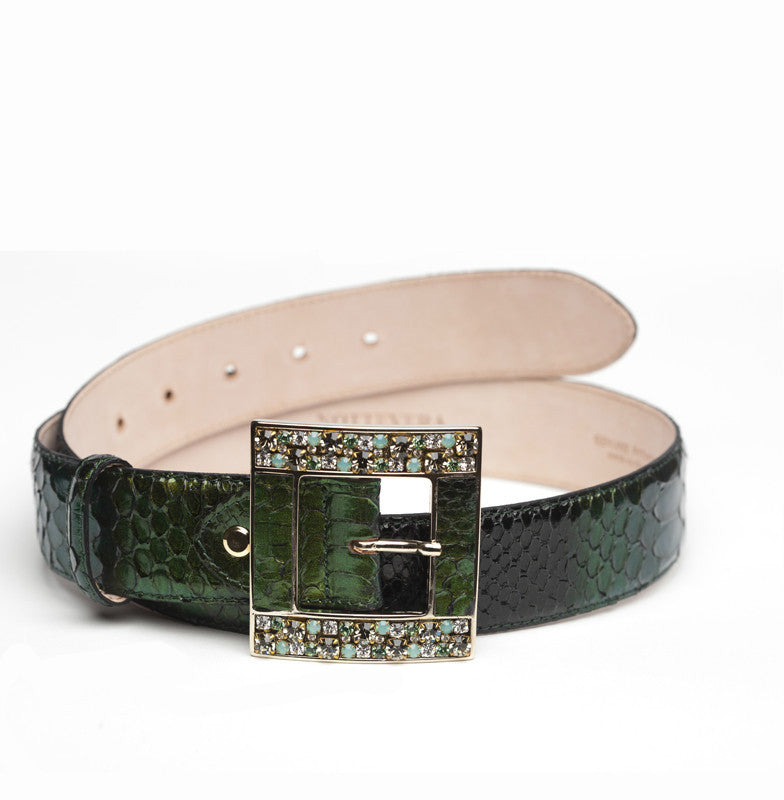Final Sale Plus Size Snake Print Belt with Gold Buckle in Green